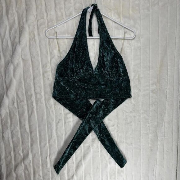Sky & Sparrow Tillys Emerald Green Crushed Velvet Halter crop top Tie Back XXL - Picture 1 of 5